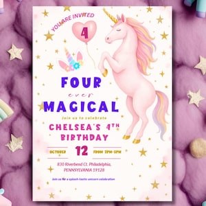 faire-part d'anniversaire de licorne | Modèle de toile modifiable Four Ever Magic | Fête entre filles arc-en-ciel rose | Téléchargement instantané