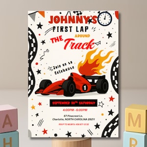 Eerste verjaardagsuitnodiging raceauto | Bewerkbare canvassjabloon 1e verjaardag | Uitnodiging racefeest voor jongens | Thema racebaan eerste ronde