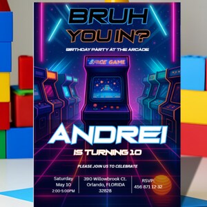 Arcade Geburtstagseinladung | Bruh Dich das auf? Bearbeitbare Canva Vorlage | Gamer 10. Party einladen für Jungen | Neon Retro Design | Herunterladen
