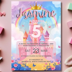 Convite de aniversário do Castelo da Princesa | Modelo editável do Canva | 5º aniversário de meninas | Download instantâneo | Tema de celebração real