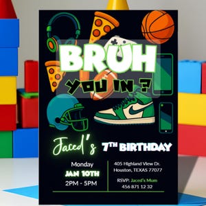 Vous aimez ? faire-part d'anniversaire | Modèle de toile modifiable | Thème sport Gaming Pizza pour baskets | 7e anniversaire pour garçons | Téléchargement instantané