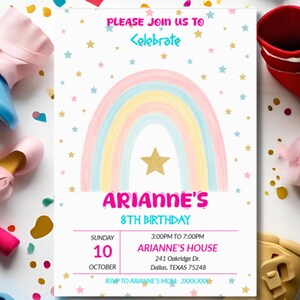 Rainbow Birthday Invitation | Pastel Editable Canva Template | Girls 8th Birthday Invite | Printable Digital Download | Star Party Theme