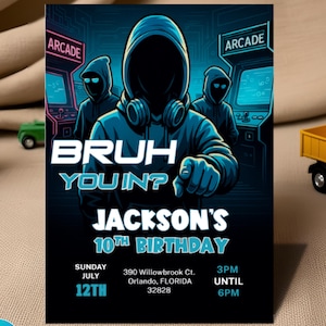 Faire-part d'anniversaire arcade pour garçons | Modèle de toile modifiable | Sweat à capuche Gamer Party | 10e anniversaire en téléchargement numérique