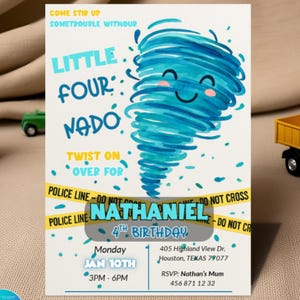 Invitation d'anniversaire tornade pour garçons | Modèle de toile modifiable Little Fournado | Fête d'anniversaire du 4e anniversaire à imprimer | Téléchargement numérique instantané