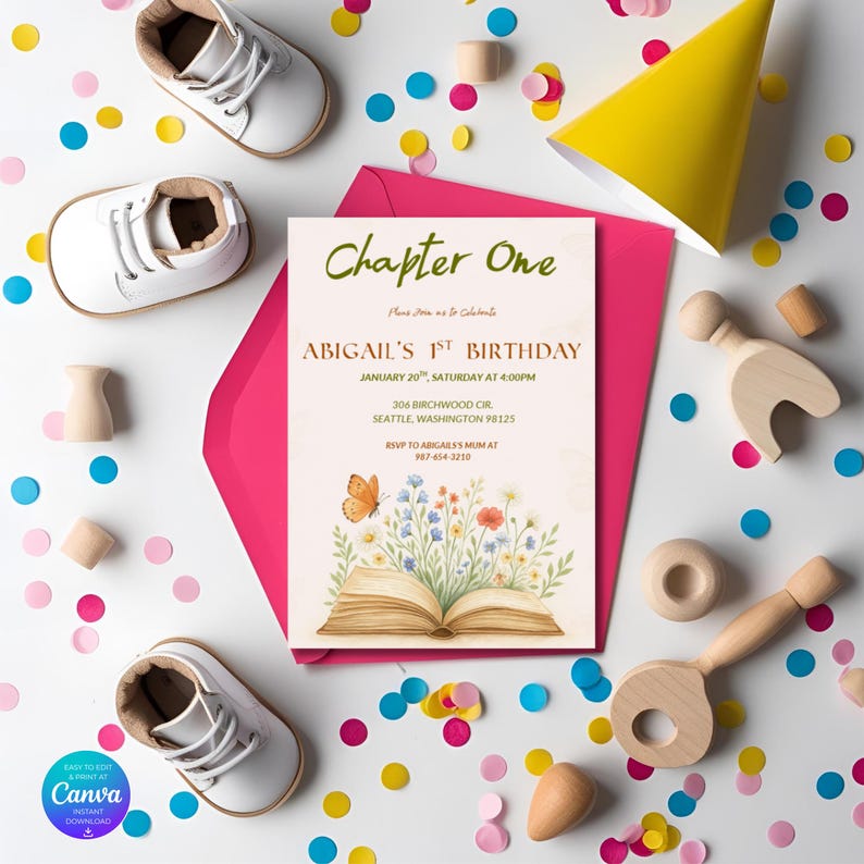 Chapter One 1st Birthday Invitation | Storybook Floral Editable Canva ...
