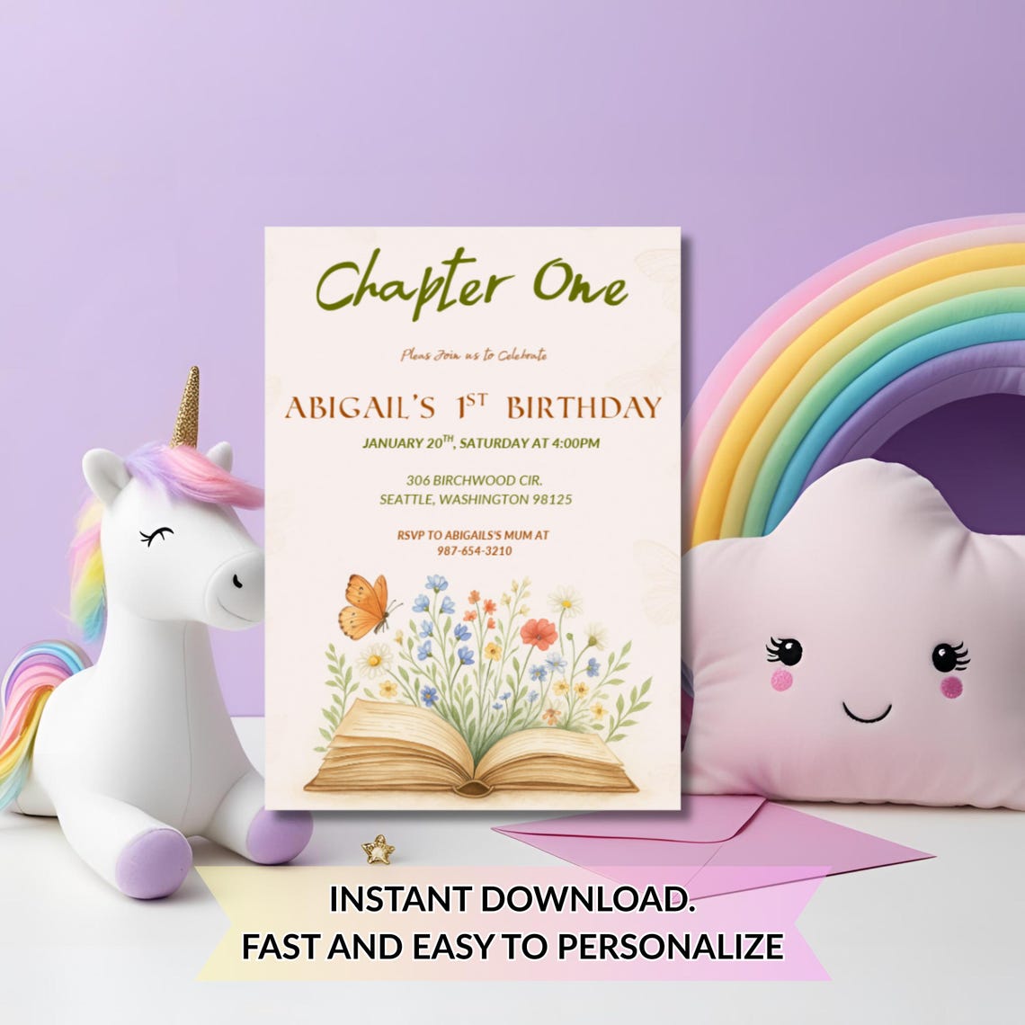 Chapter One 1st Birthday Invitation | Storybook Floral Editable Canva ...