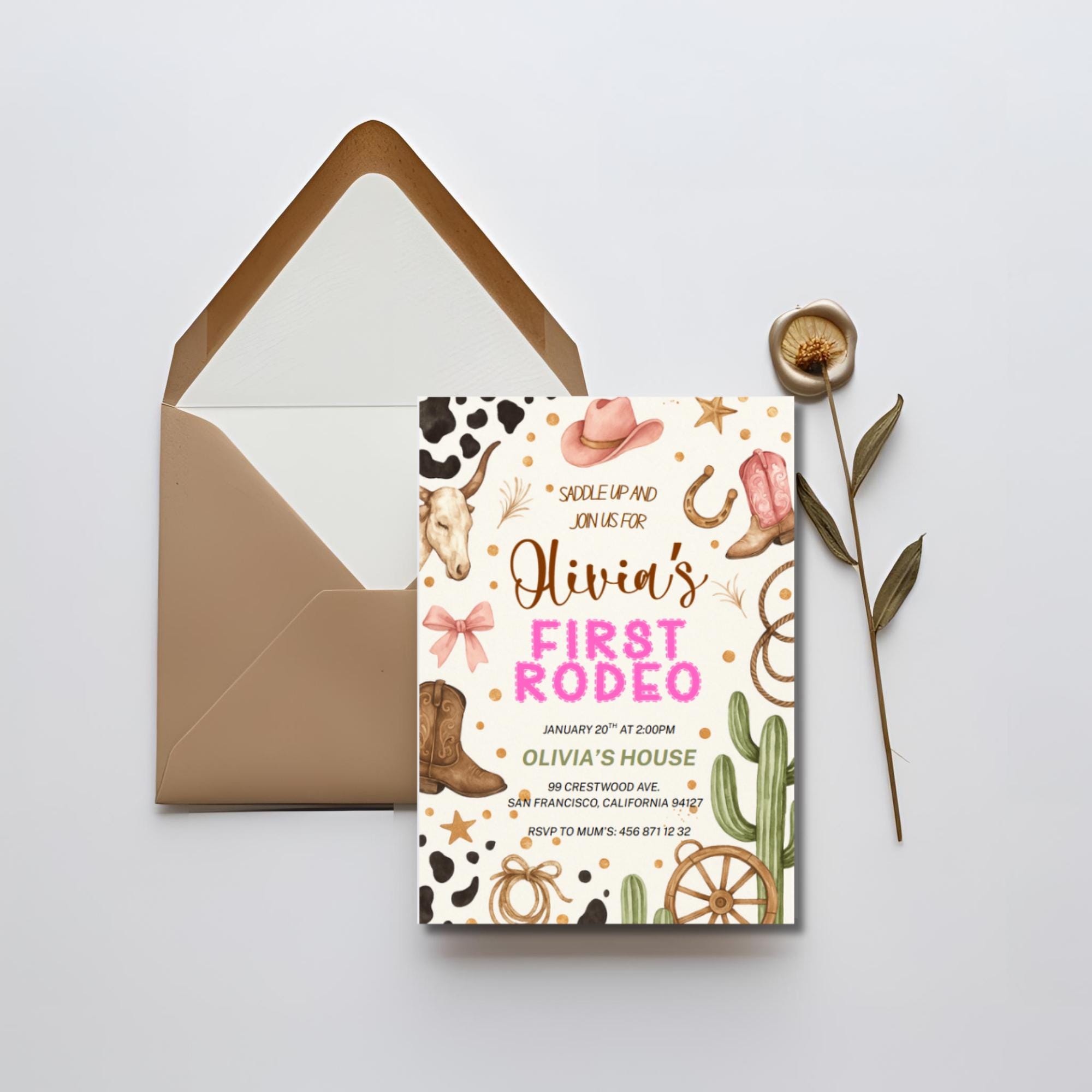 Girl First Rodeo Birthday Invitation | Editable Western Cowgirl Canva