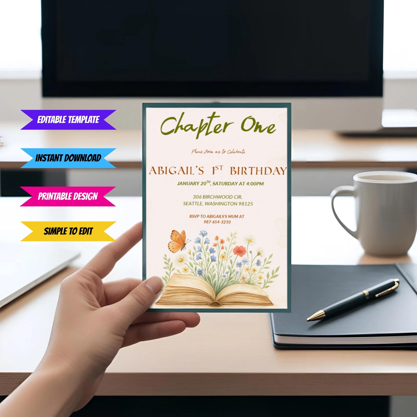 Chapter One 1st Birthday Invitation | Storybook Floral Editable Canva ...