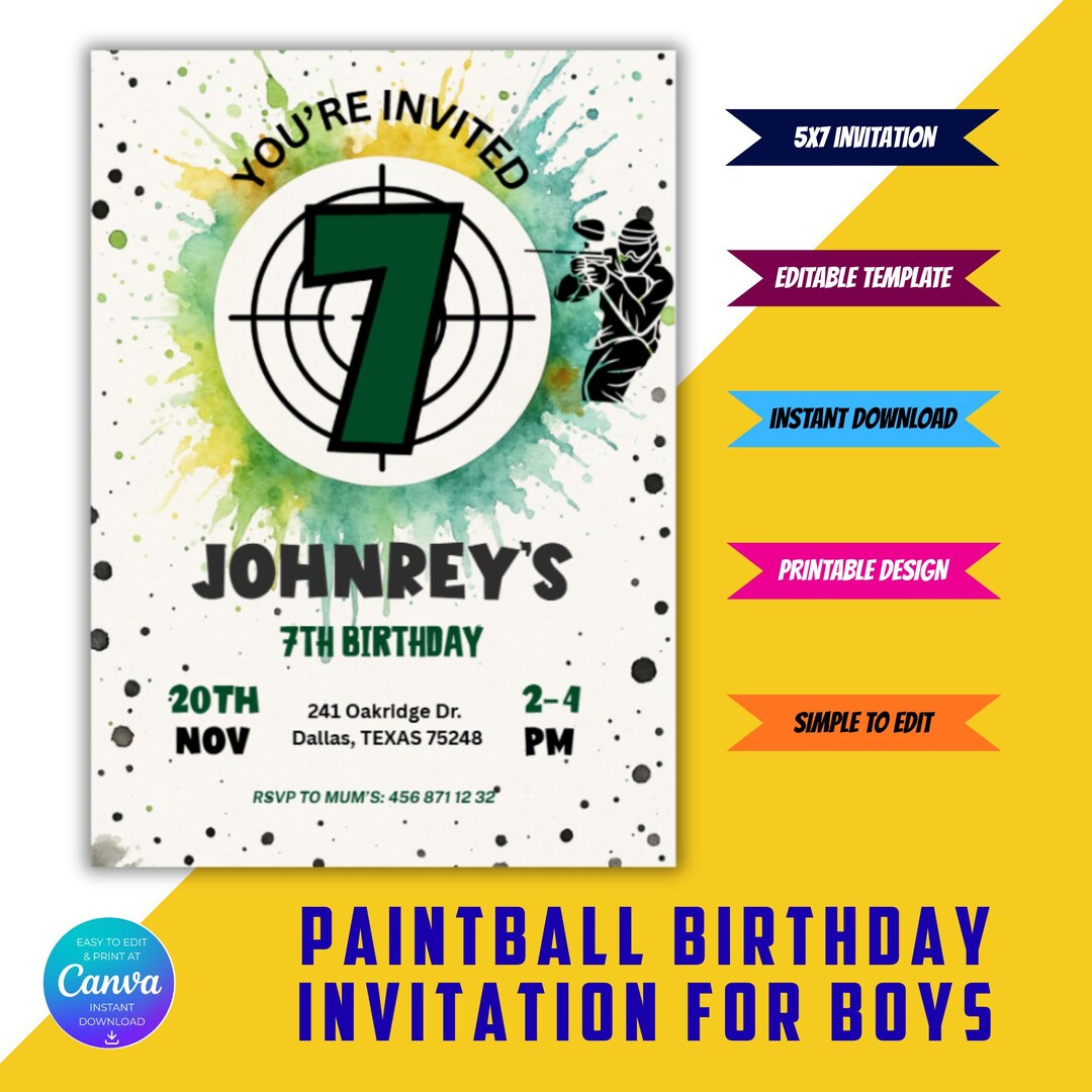 Paintball Birthday Invitation for Boys | Editable Canva Template ...