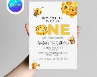 Eerste verjaardagsuitnodiging Bee: Sweet To Bee One, bewerkbare sjabloon (digitale download)