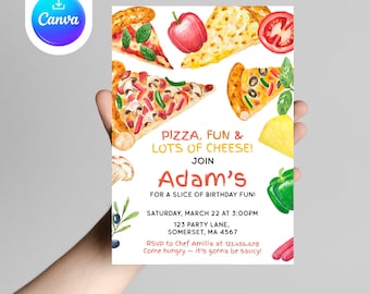 May include: A colorful invitation for a birthday party with a pizza theme. The invitation features a watercolor illustration of pizza slices, vegetables, and the text "PIZZA, FUN & LOTS OF CHEESE! JOIN Adam's FOR A SLICE OF BIRTHDAY FUN! SATURDAY, MARCH 22 AT 3:00PM 123 PARTY LANE, SOMERSET, MA 4567 RSVP to Chef Amilia at 123.456.678 Come hungry - it's gonna be saucy!"