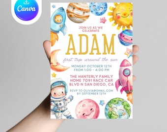 Invitación de cumpleaños espacial editable: temática de cohetes y planetas (descarga digital)