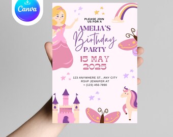 Princess Birthday Party Invitation: Castle, Unicorn (Digital Download)