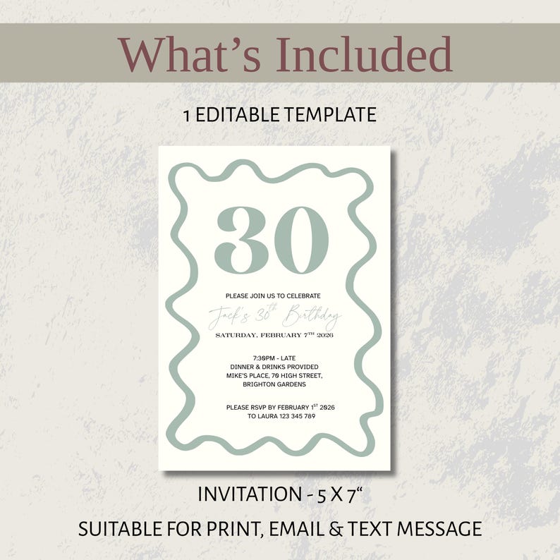Printable Digital 30th Birthday Card - Green Wavy Border Invitation for ...