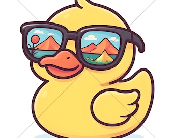 Duck Yellow With Sunglasses Svg & Png, Rubber Duck Clipart, Duck Vector Image, Bath Duck Silhouette, Sublimation Design, Cool Duck Cut File