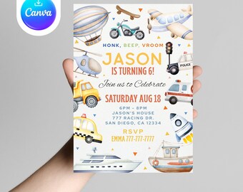 May include: A birthday party invitation featuring watercolor illustrations of various vehicles, including a hot air balloon, motorcycle, airplane, and rocket ship. The invitation reads "JASON IS TURNING 6!" and includes event details.