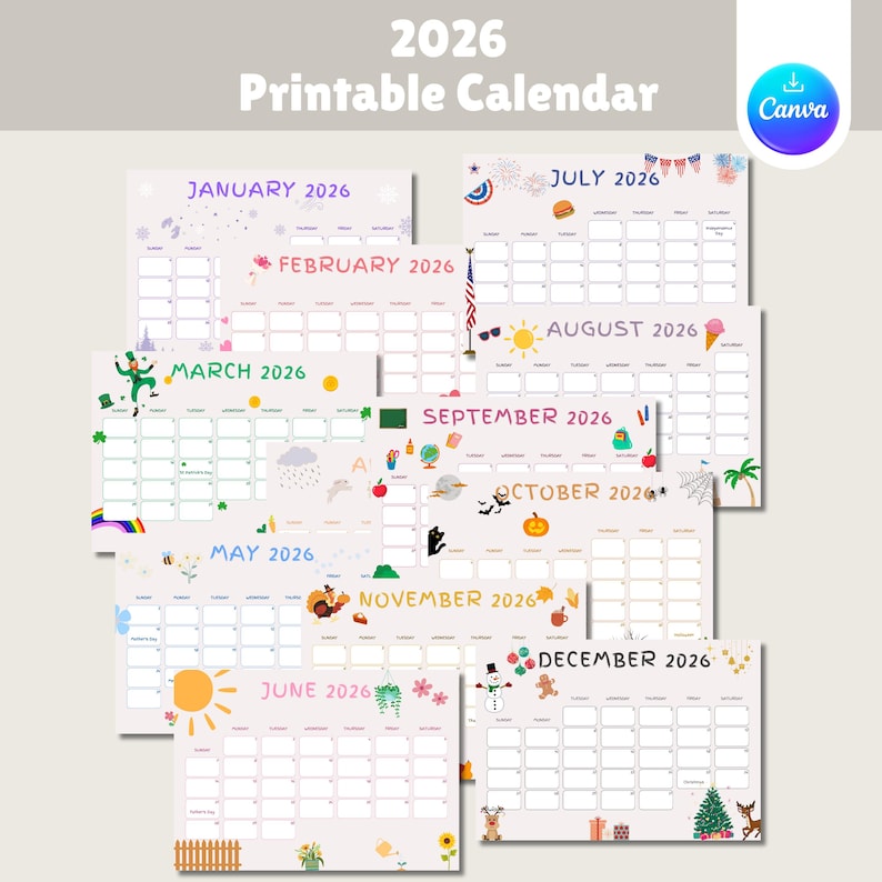 2026 Kids Calendar Printable, Animated Monthly Planner (PDF) - Etsy
