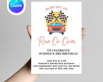 May include: A red and white race car birthday party invitation with a checkered flag design. The invitation says "Ready Set. Go" and "Race On Over" to celebrate Hudson's 3rd birthday. The invitation includes the date, time, and location of the party.