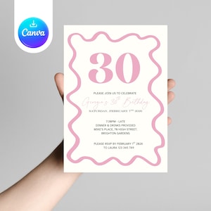 Invitación de cumpleaños número 30 con borde ondulado rosa para ella: moderna invitación festoneada editable, tarjeta digital imprimible para treinta cumpleaños.