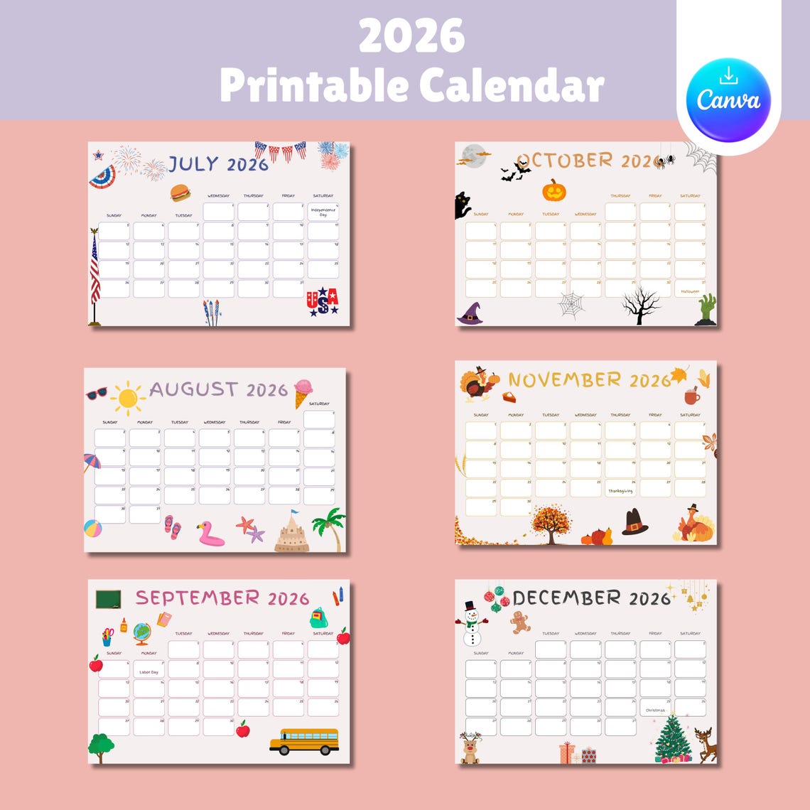 2026 Kids Calendar Printable, Monthly Planner (digital Download) - Etsy