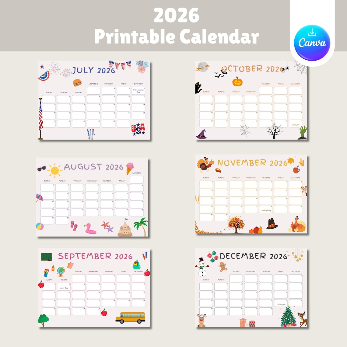 2026 Kids Calendar Printable, Animated Monthly Planner (PDF) - Etsy