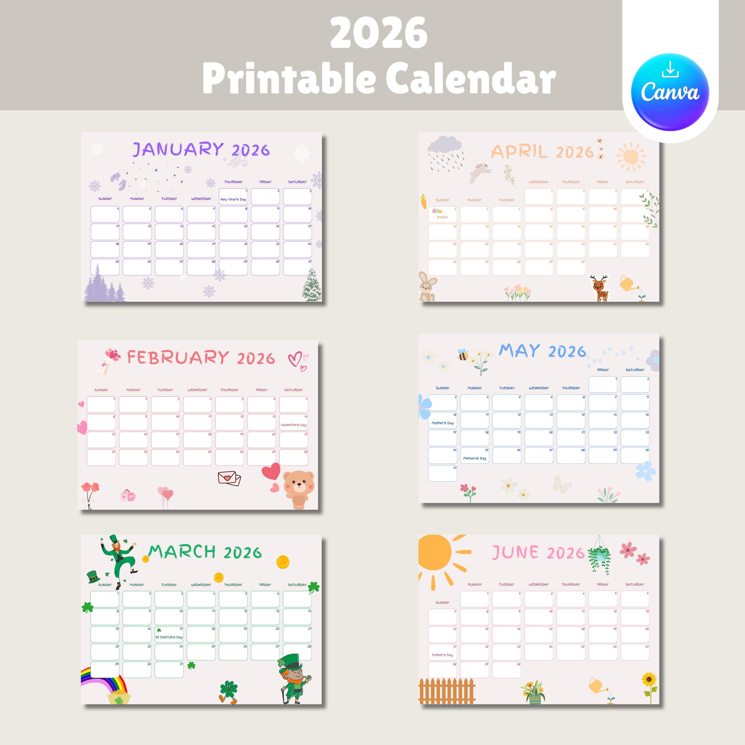 2026 Kids Calendar Printable, Animated Monthly Planner (PDF) - Etsy