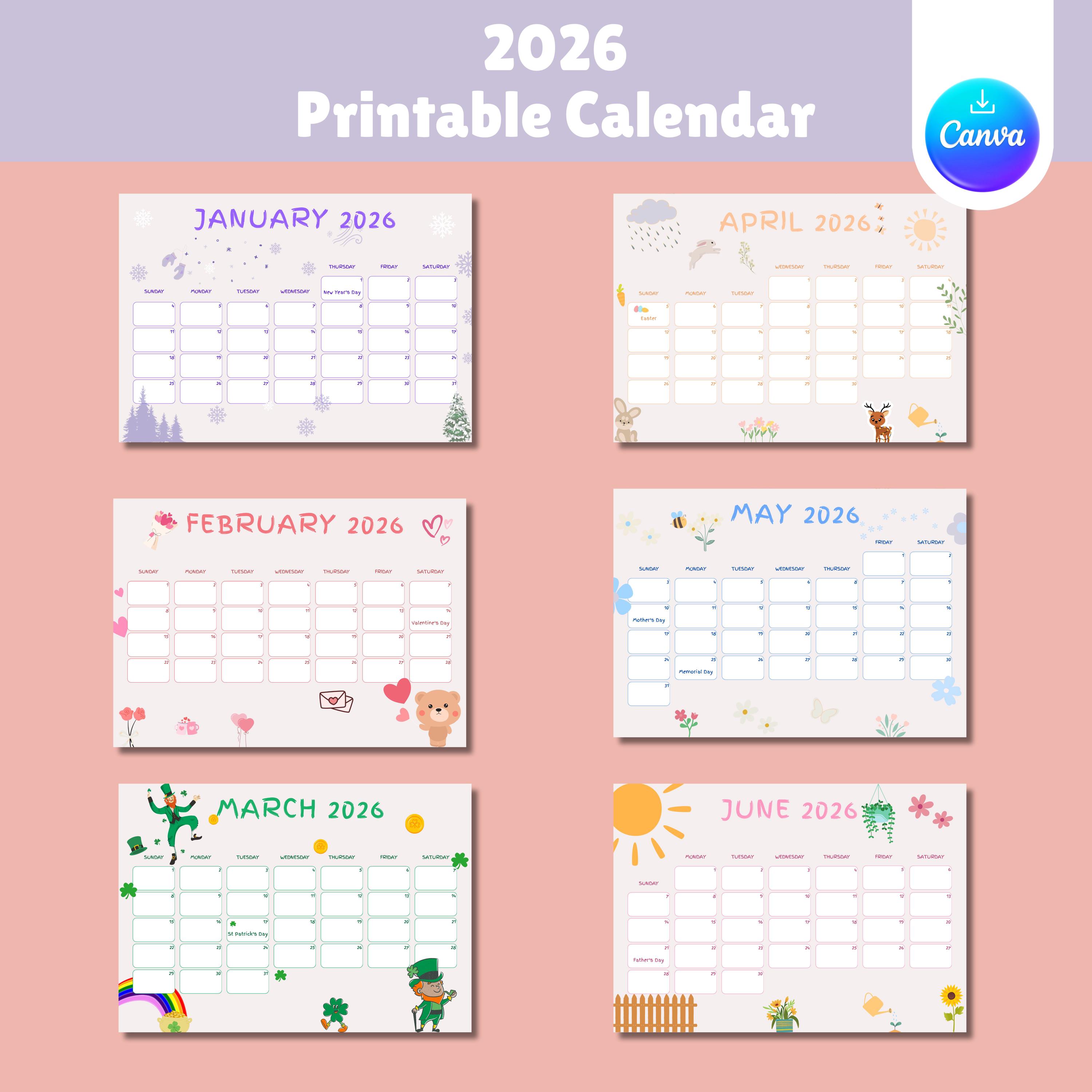 2026 Kids Calendar Printable, Monthly Planner (digital Download) - Etsy