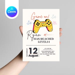 Gamer Birthday Invitation: Yellow Level Up Party (Canva 5x7in)
