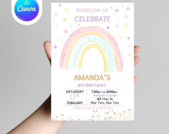 Rainbow Birthday Invitation Template: Editable Clouds Design (Canva)