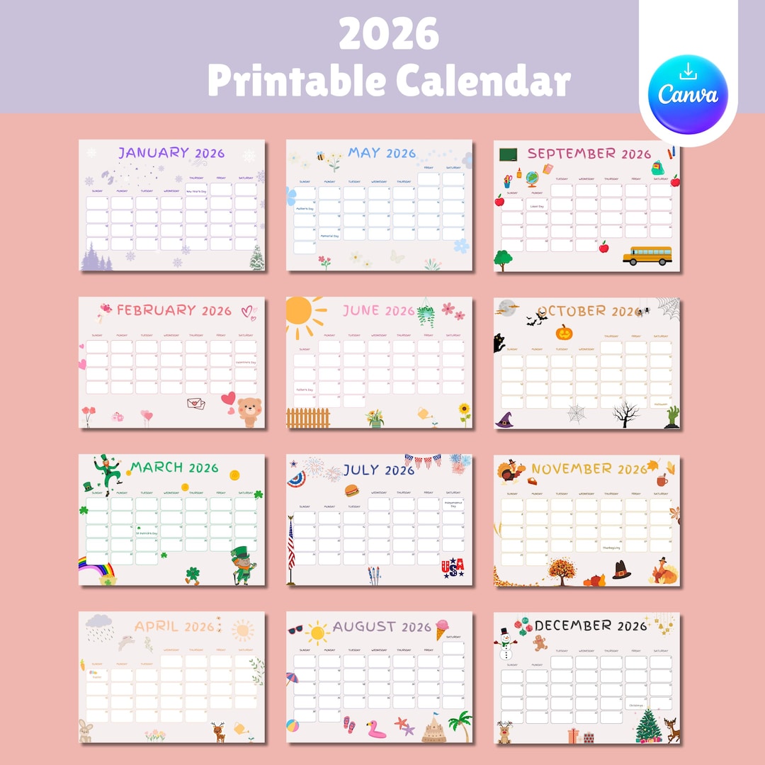 2026 Kids Calendar Printable, Monthly Planner (digital Download) - Etsy