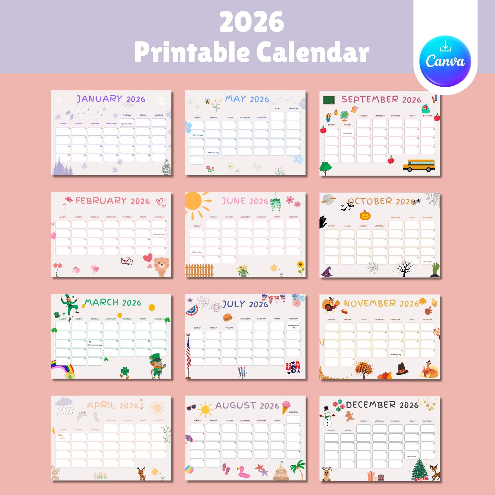 2026 Kids Calendar Printable, Monthly Planner (digital Download) - Etsy