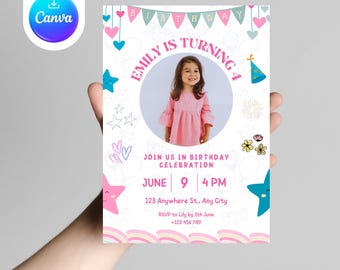 Pink Star 4th Birthday Invitation: Editable Girl Invite (Digital Download)