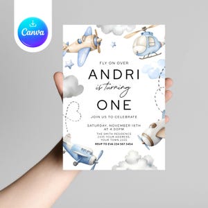 Time Flies 1st Birthday Invitation Template: Airplane Party (Canva Editable, Digital Download)