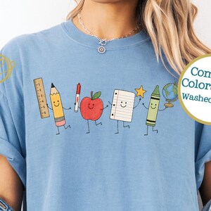 Teacher Characters Comfort Colors 1717 T-Shirt | New School Year Teacher Supplies Casual Friday Faux Patchwork Tee