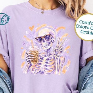 Iced Coffee Skeleton Comfort Colors 1717 T-Shirt | Cute Pastel Spooky Halloween Tee, Fall Coffee Lover Ghost Shirt