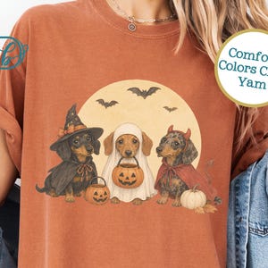 May include: A rust-colored short-sleeve t-shirt featuring a graphic of three dachshunds in Halloween costumes against a large yellow moon. One dog wears a witch hat and cape, one is dressed as a ghost, and one has devil horns and a red cape.