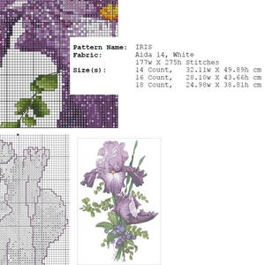 Pu&ograve; includere: Schema a punto croce di un fiore di iris nelle tonalit&agrave; del viola, con foglie verdi e uno sfondo a griglia. Il motivo si chiama IRIS, con dettagli sul tessuto e opzioni di dimensioni in cm.