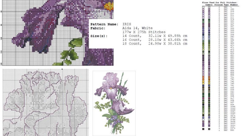 Pu&ograve; includere: Schema a punto croce di un fiore di iris nelle tonalit&agrave; del viola, con foglie verdi e uno sfondo a griglia. Il motivo si chiama IRIS, con dettagli sul tessuto e opzioni di dimensioni in cm.