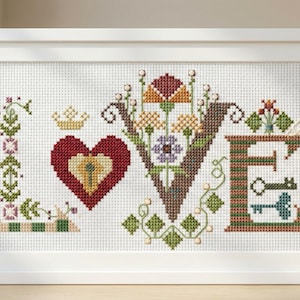 Patrón de punto de cruz "Folk Floral LOVE", muestrario de corazón y llave (descarga digital)