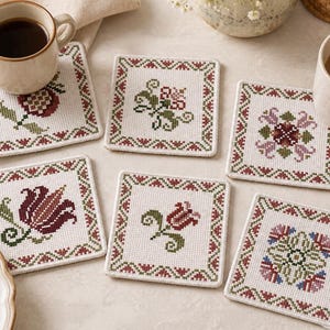Peut inclure: Ensemble de six dessous de verre carrés brodés blancs avec des motifs floraux rouges, verts et violets. Chaque dessous de verre a une bordure décorative. Deux tasses de café et de thé sont visibles, ainsi qu'une assiette de biscuits.