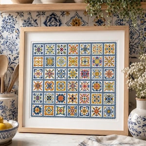Patrón de punto de cruz de muestrario de azulejos folclóricos, arte mural bohemio de mosaico mediterráneo (PDF)