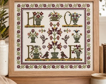 Schema per punto croce vintage HOPE, ricamo floreale folk art in PDF, sampler di uccelli (download digitale)