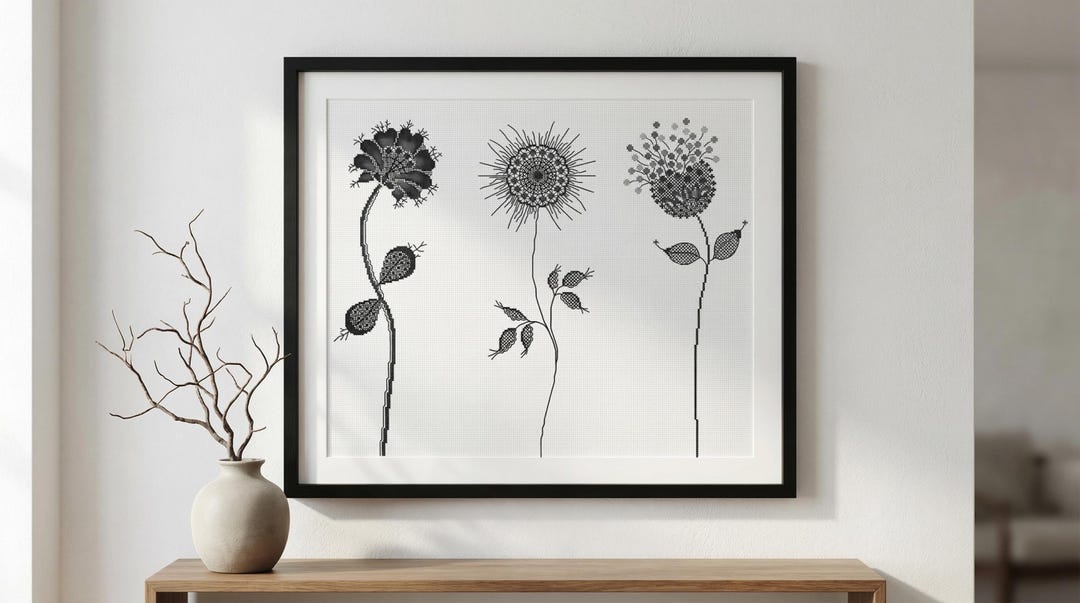 Monochrome Wildflowers Cross Stitch Pattern – Minimalist Botanical Wall ...