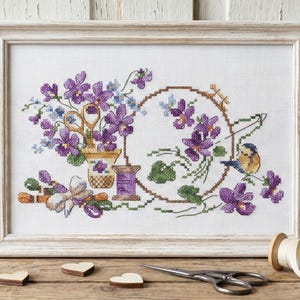 Singvogel und Veilchen Kreuzstichmuster - Cottagecore Stickerei Design (PDF Download)
