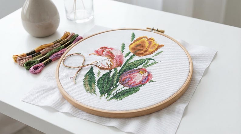 Op de afbeelding: Een borduurring met kruissteek met een bloemenontwerp van tulpen in roze, oranje en geel. De borduursels zijn op witte stof, geplaatst in een houten ring. Borduurgaren in verschillende kleuren en een naald zijn ook aanwezig.