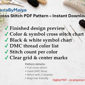 Pu&ograve; includere: Un modello PDF digitale per punto croce di LunaByMaiya. Il modello include un'anteprima del design finito, una tabella colori e simboli, una tabella simboli in bianco e nero, un elenco colori fili DMC e segni chiari.