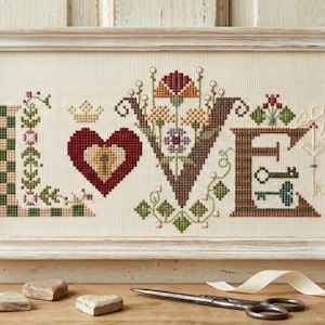 Modèle de point de croix floral folklorique LOVE, échantillonneur de cœur et de clé (téléchargement numérique)