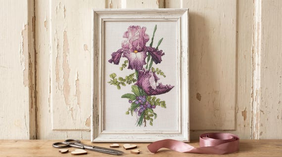 Purple Iris Cross Stitch Pattern, Elegant Botanical Embroidery Design (PDF Download)