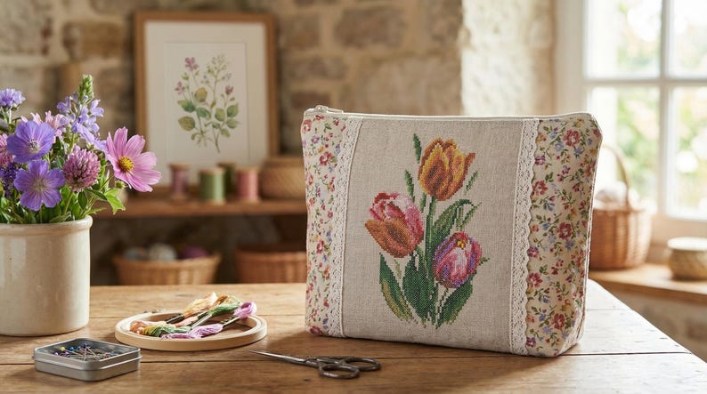 Op de afbeelding: Een beige etui met ritssluiting en een kruissteek tulpenontwerp. De etui heeft bloemmotief zijkanten en een kanten rand. Een vaas met paarse en roze bloemen, borduurgaren en een ingelijste botanische print staan ook op de houten tafel.