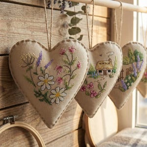 Peut inclure: Décorations murales brodées en forme de cœur avec des motifs floraux et paysagers. Les cœurs en tissu beige sont ornés de fleurs au point de croix colorées, d'une scène de cottage et de lavande. Ils sont suspendus à une tringle en bois sur un fond en bois rustique.